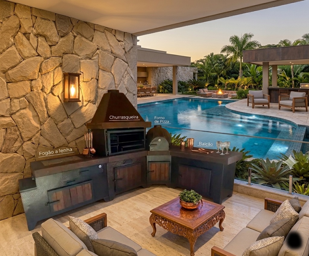 Área gourmet em Cuiabá com parrilla profissional e forno de pizza integrado