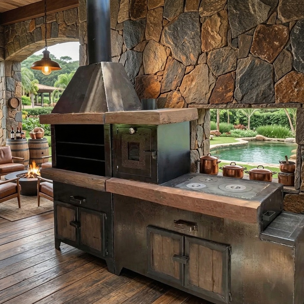 Espaço gourmet completo com parrilla, forno de pizza e fogão a lenha rústico em ambiente com acabamento premium e mármore.