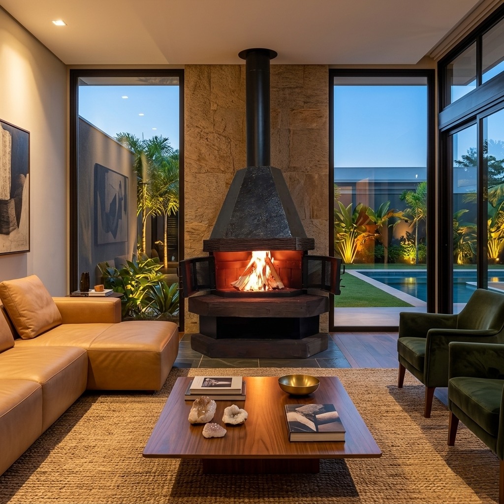 Lareira de parede, rústica em sala de estar moderna com paredes de vidro e vista para jardim.
