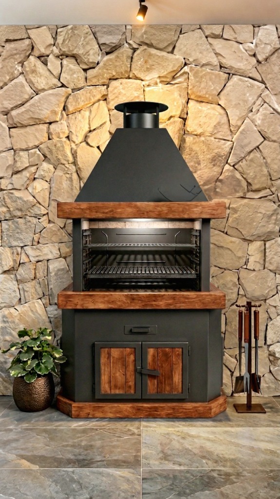 Parrilla argentina premium em aço naval, instalada em parede reta de pedra natural para área de lazer em Cuiabá.